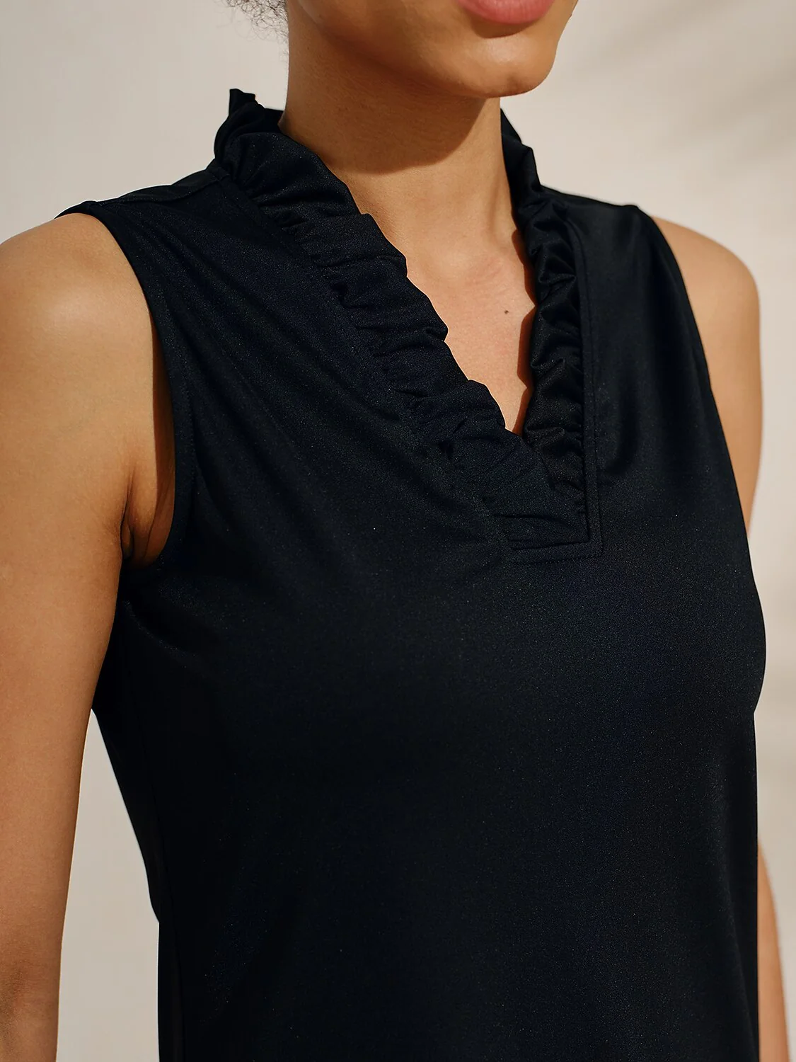 More Than Basic Ruffle V-Neck Sleeveless 36.5 Inch Dress UPF50+ - Image 3