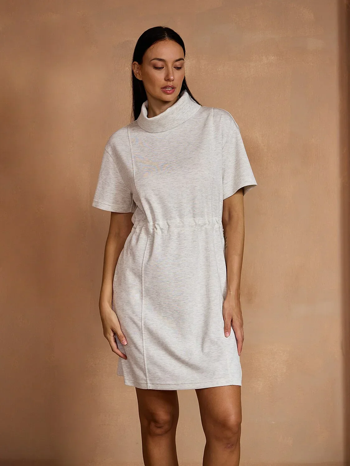 UltraSoft Short Sleeve Drawstring Mock Neck 37 Inch Dress - Image 6