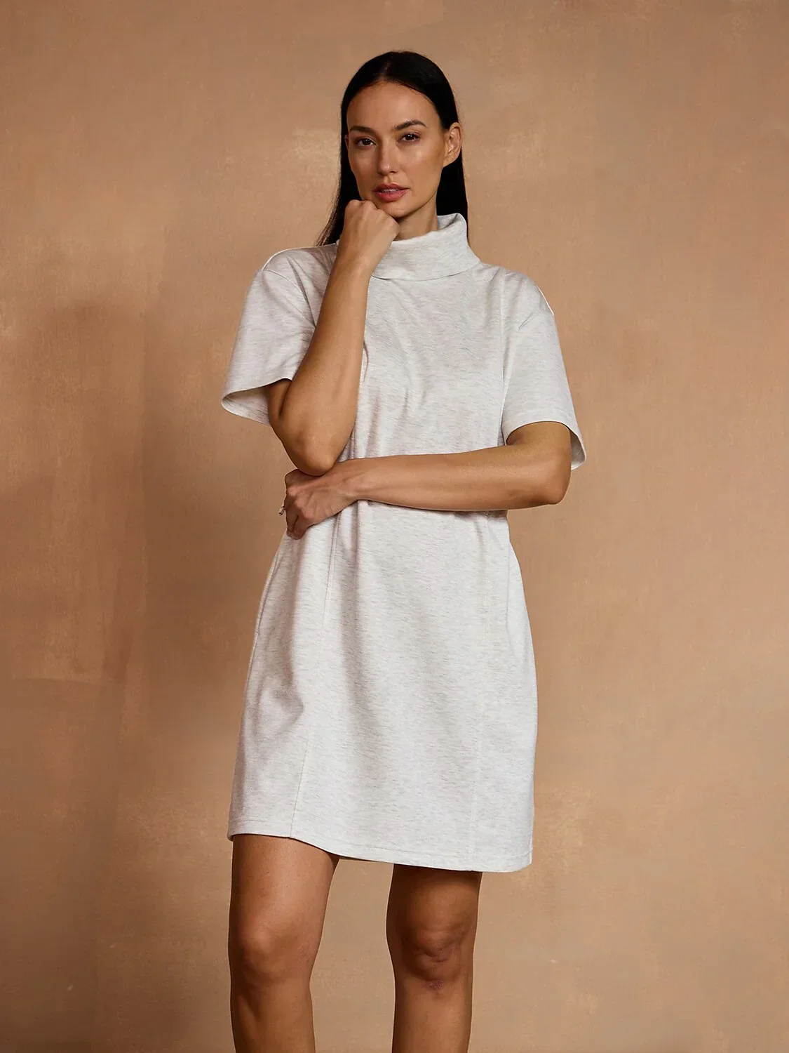 UltraSoft Short Sleeve Drawstring Mock Neck 37 Inch Dress - Image 7